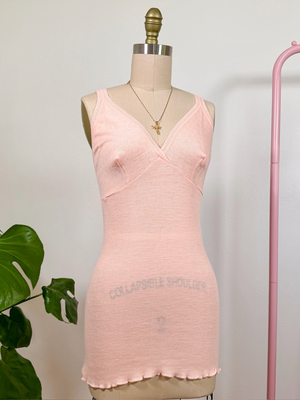 Vintage 70s Peach Pink Pointelle Knit Slip Dress